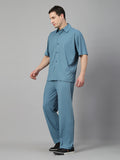 Men Blue Summer Co-ord Set with Polo Neck