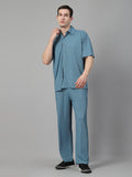 Men Blue Summer Co-ord Set with Polo Neck