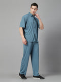 Men Blue Summer Co-ord Set with Polo Neck