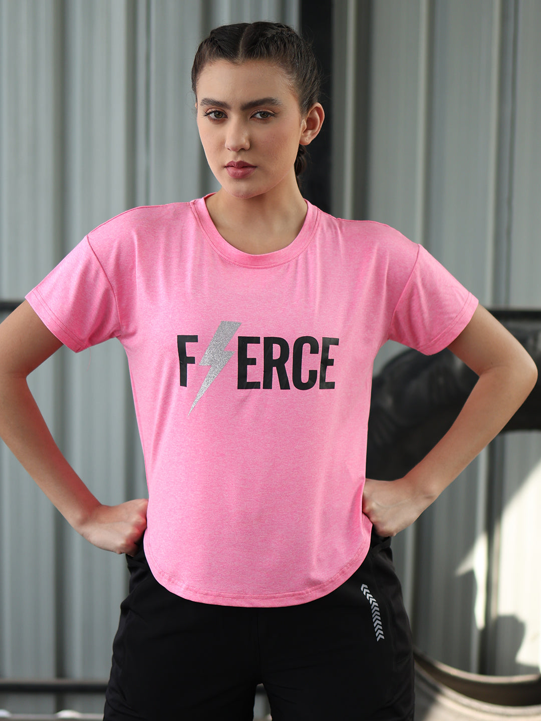 Women Round Neck Dry Fit Gym Sports T-Shirt Pink