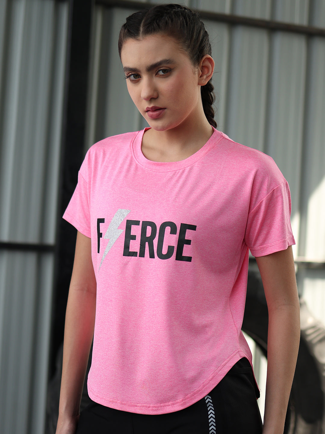 Women Round Neck Dry Fit Gym Sports T-Shirt Pink