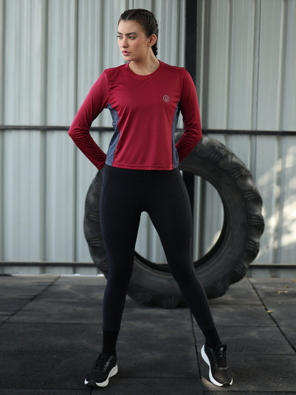 Women's Full Sleeves Gym Sports T-Shirt Maroon