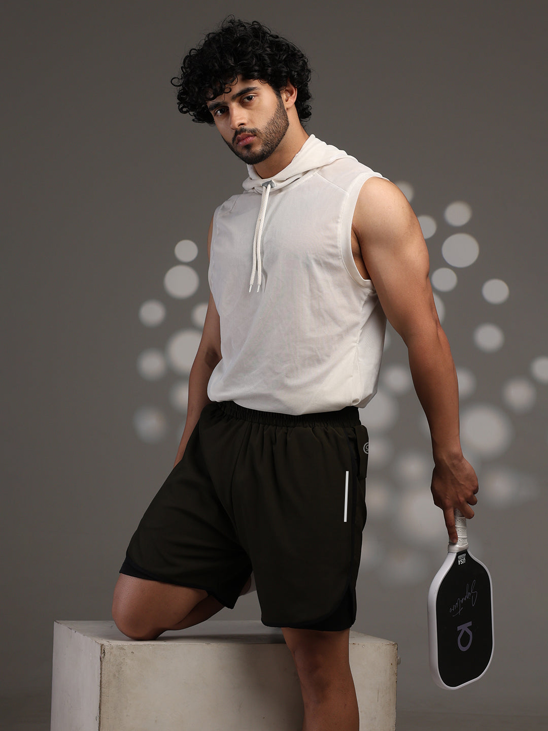 Men Double Layered Sports Running Shorts Olive Black