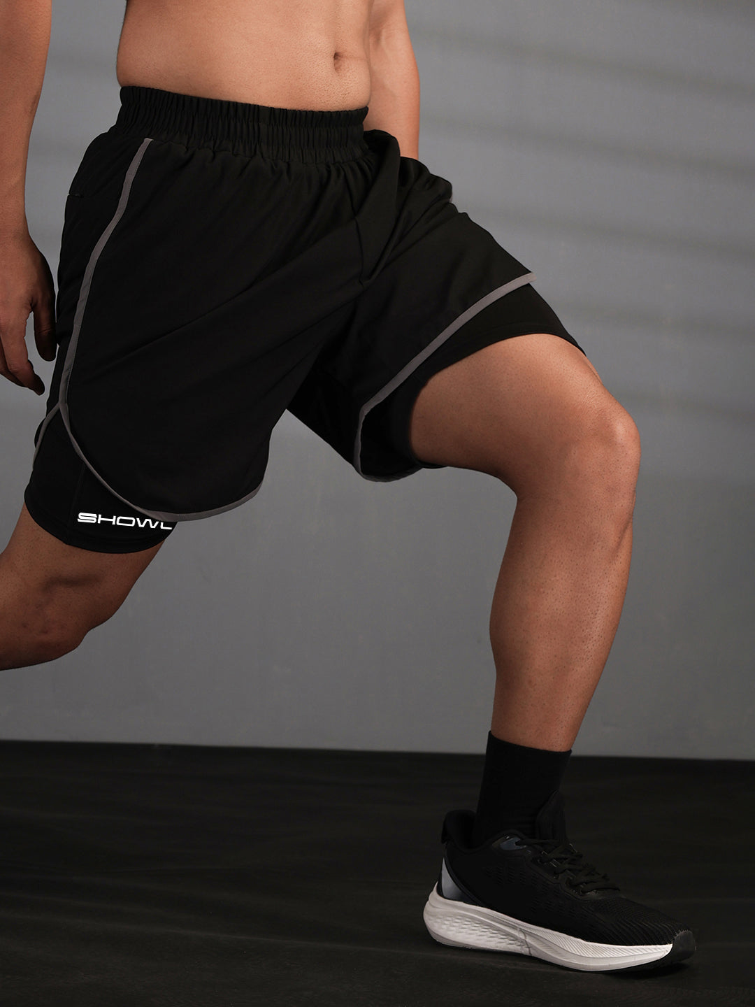 Men Double Layered Sports Running Shorts Black Grey