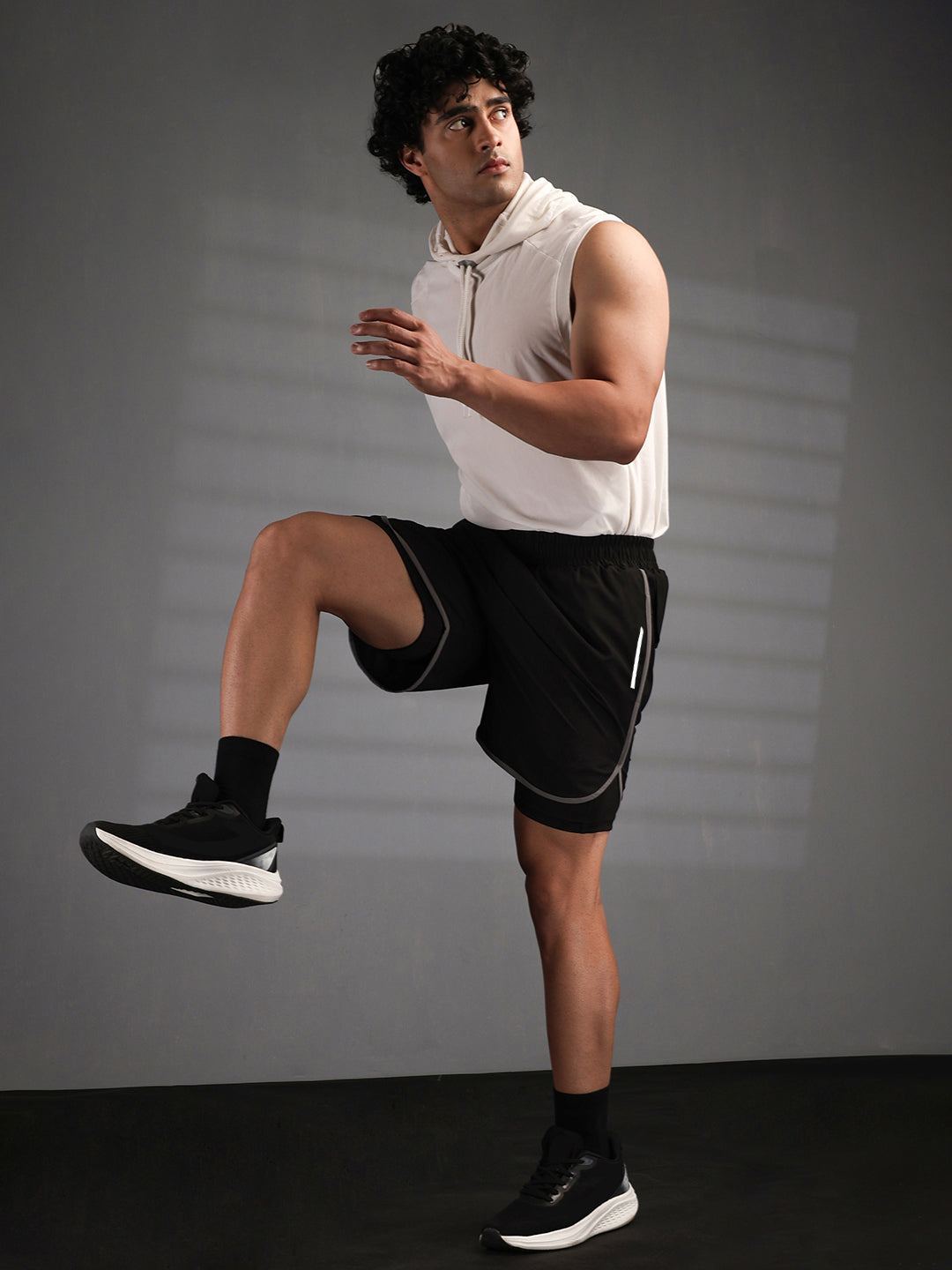 Men Double Layered Sports Running Shorts Black Grey