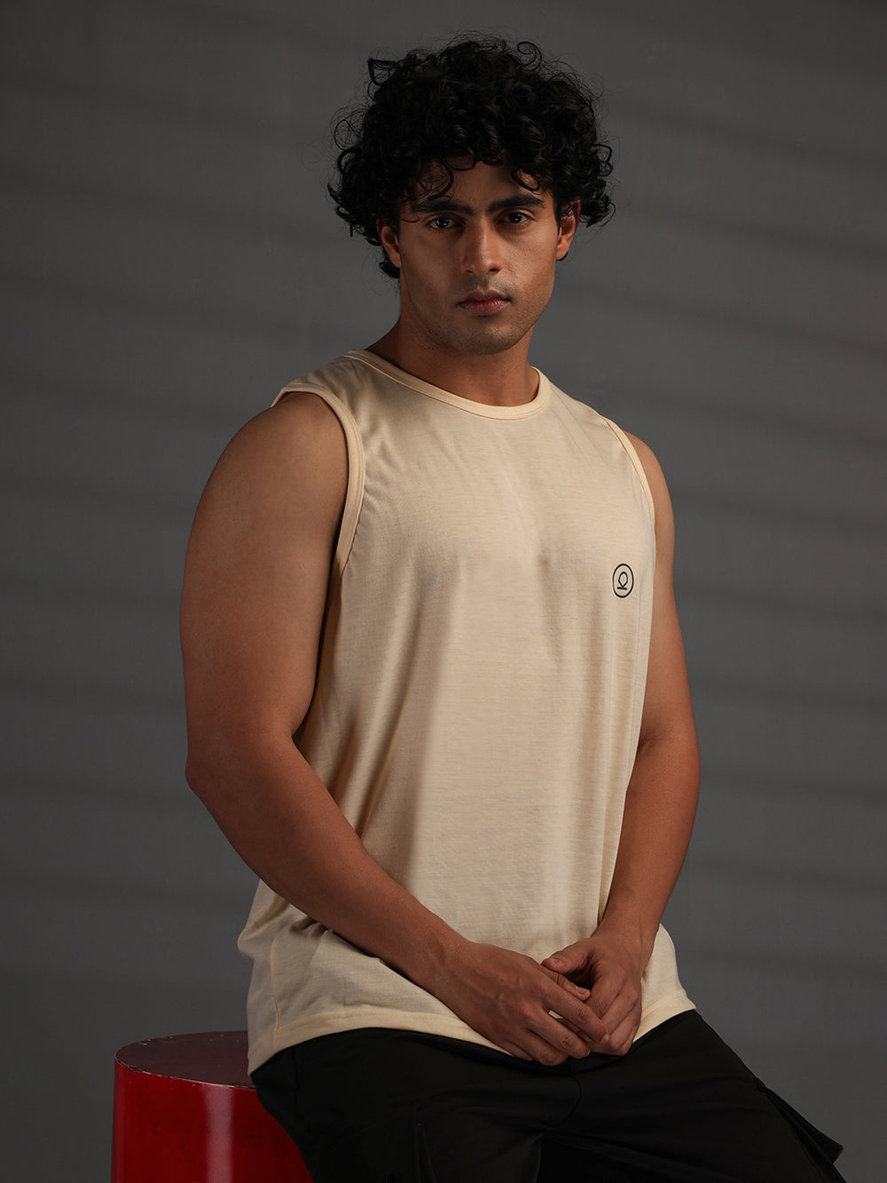 Men's Cream Cotton Sleeveless Gym Tanktop