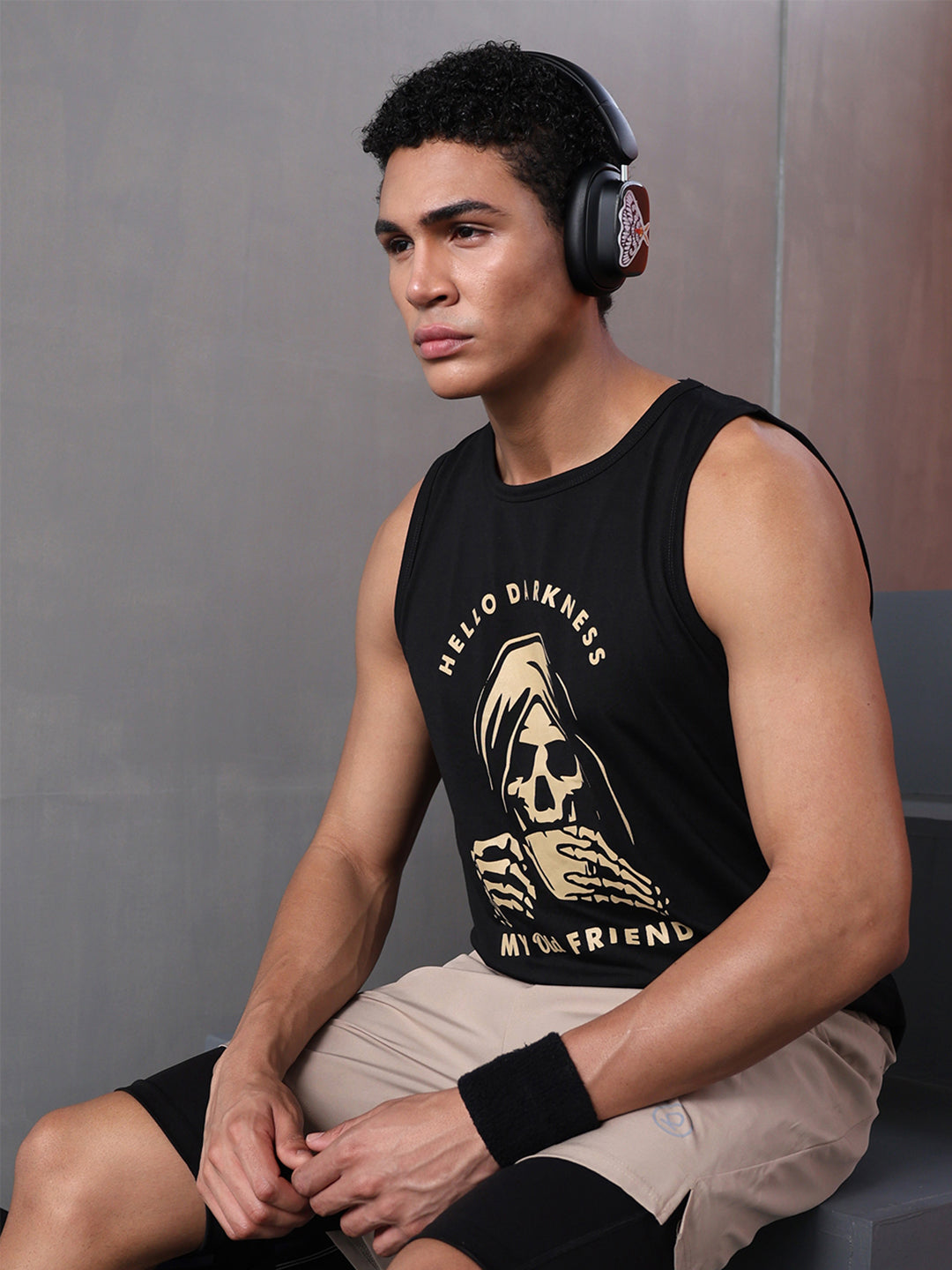 Men Black Graphic Printed Gym Sports Tank Top