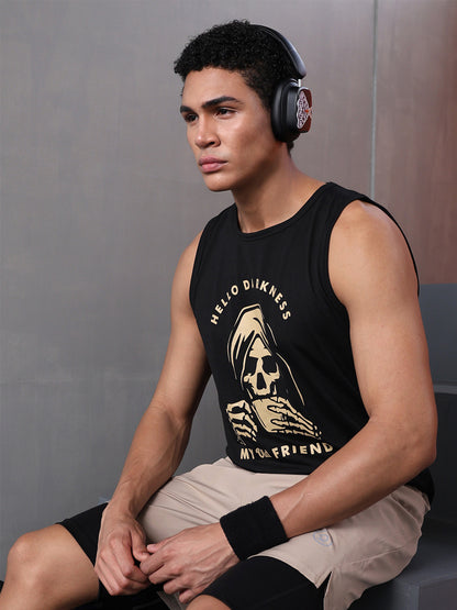 Men Black Graphic Printed Gym Sports Tank Top
