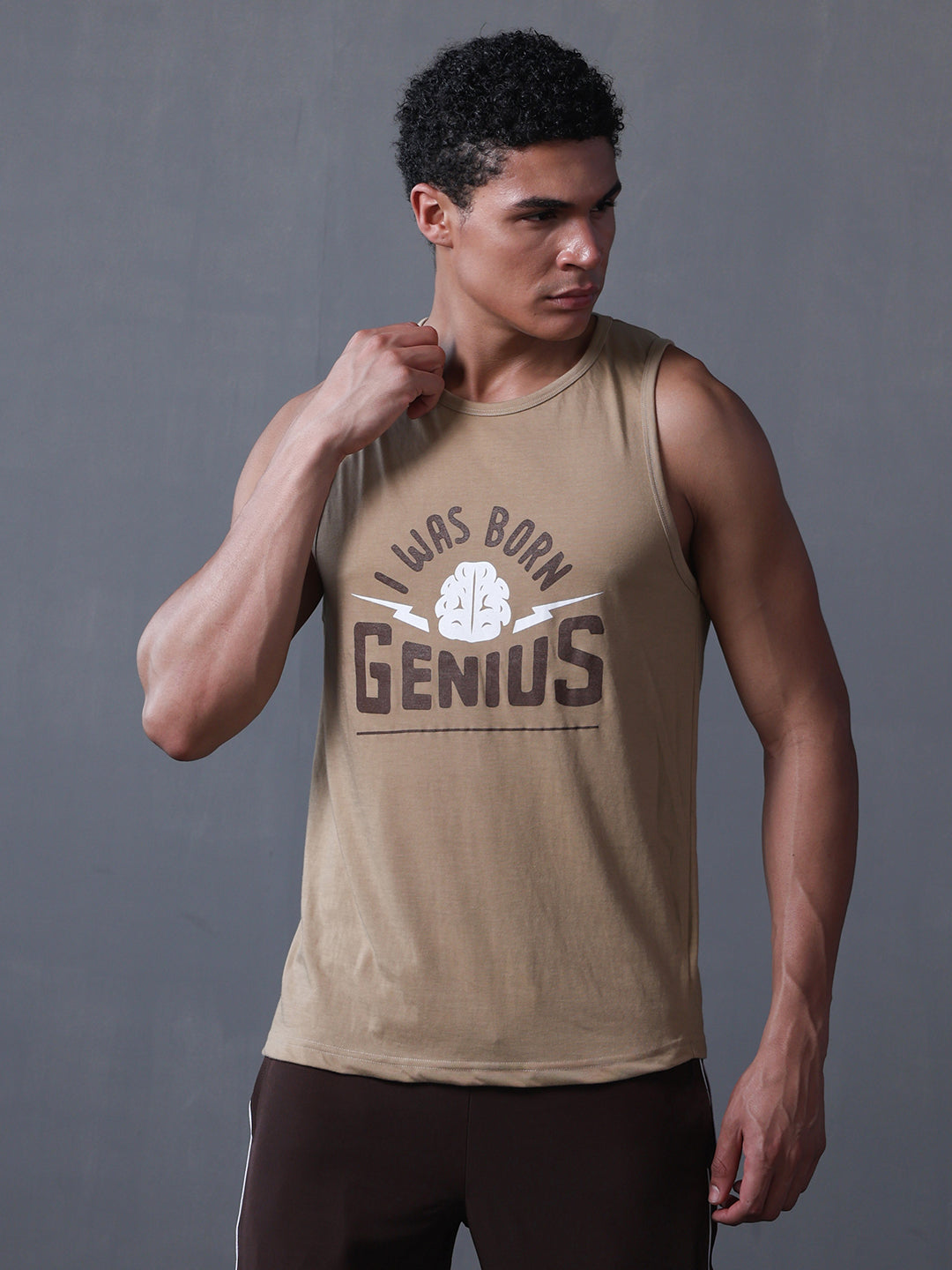 Men Khaki Graphic Printed Gym Sports Tank Top