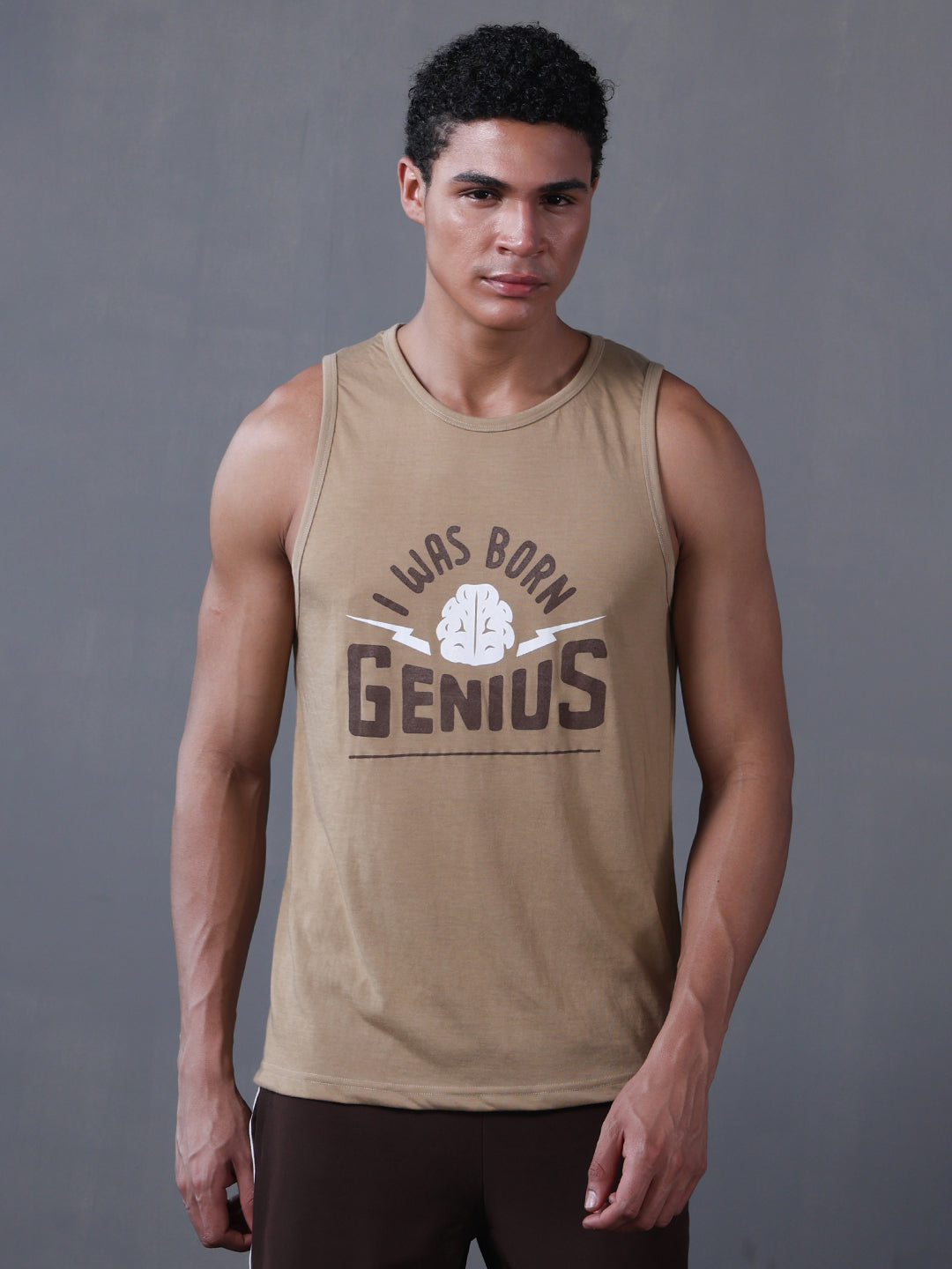 Men Khaki Graphic Printed Gym Sports Tank Top