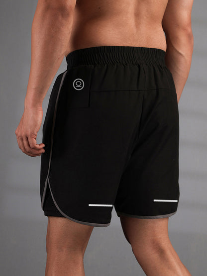 Men Double Layered Sports Running Shorts Black Grey