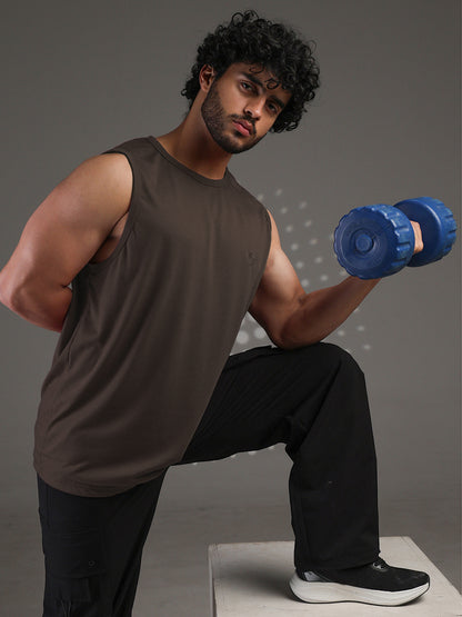Men's Brown Cotton Sleeveless Gym Tanktop