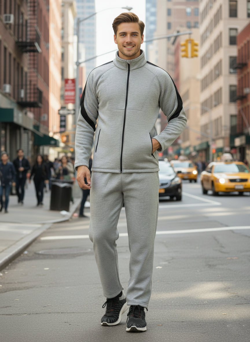 Men Grey Black Full Zipper Winter Tracksuit