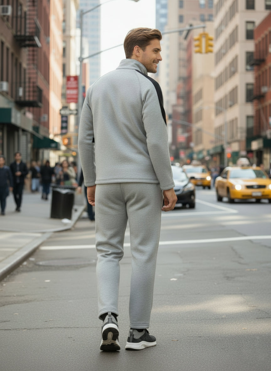 Men Grey Black Full Zipper Winter Tracksuit