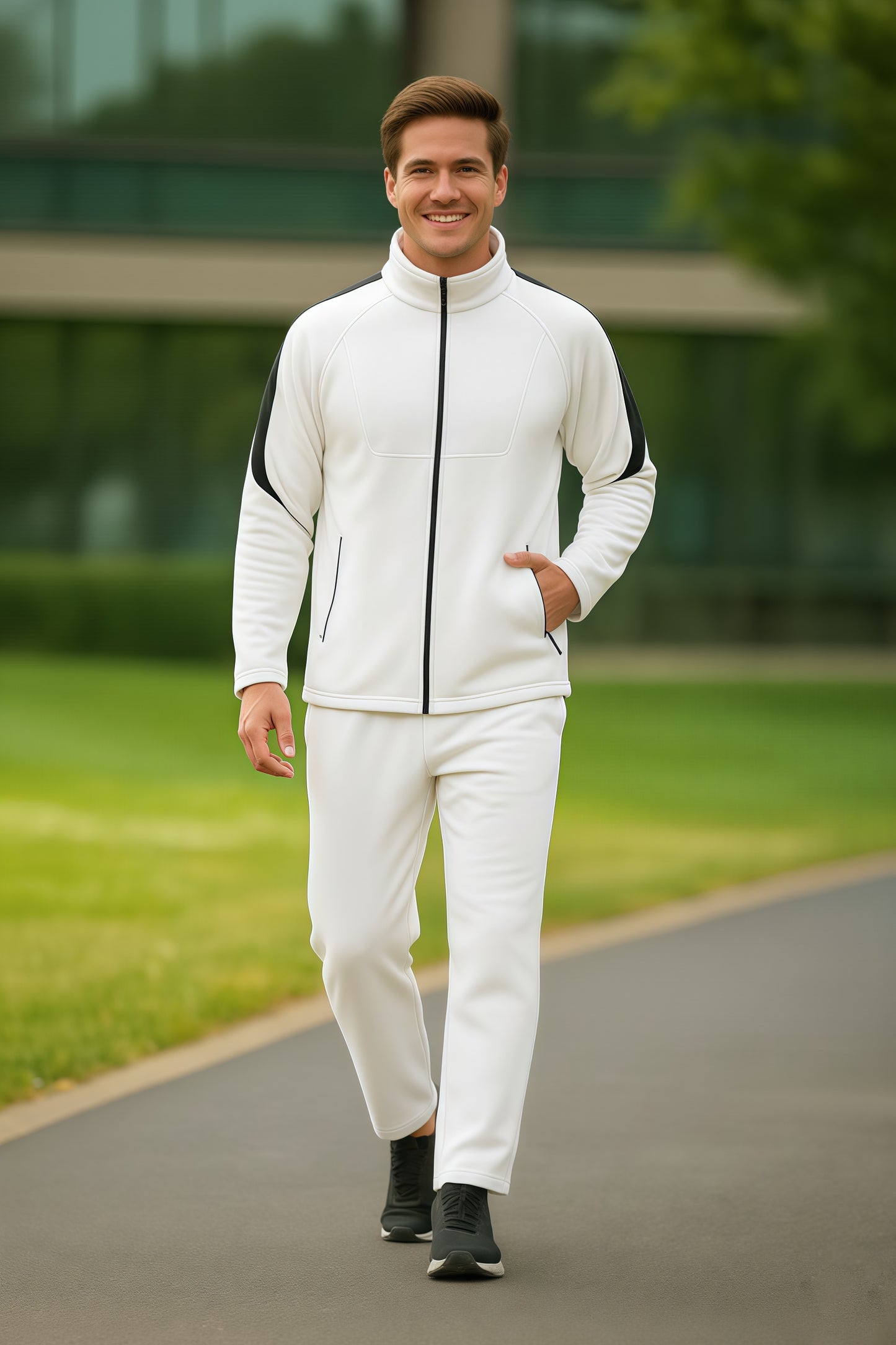 Men White Black Full Zipper Winter Tracksuit