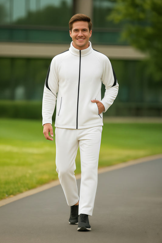 Men White Black Full Zipper Winter Tracksuit