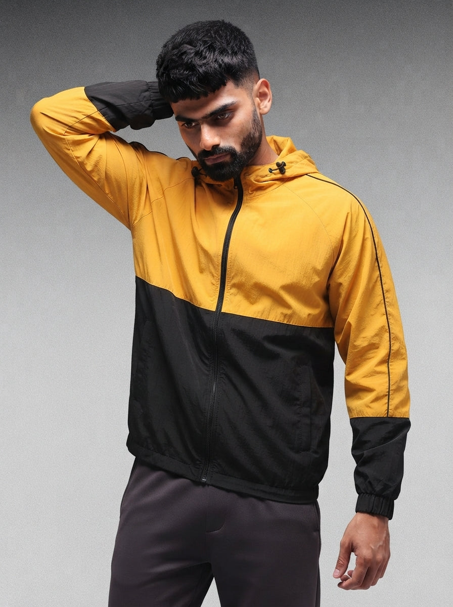 Men Hooded Windcheater Oversized Sports Jacket Yellow Black