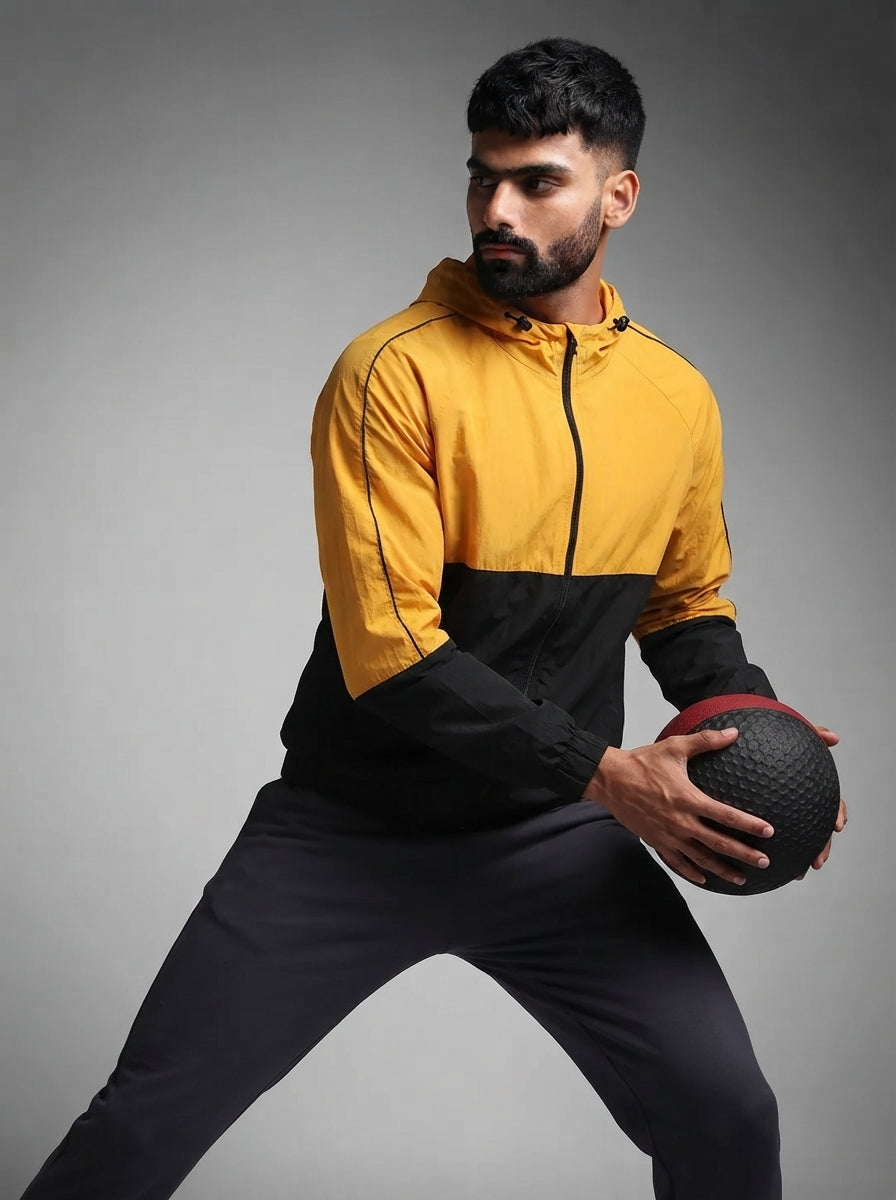 Men Hooded Windcheater Oversized Sports Jacket Yellow Black