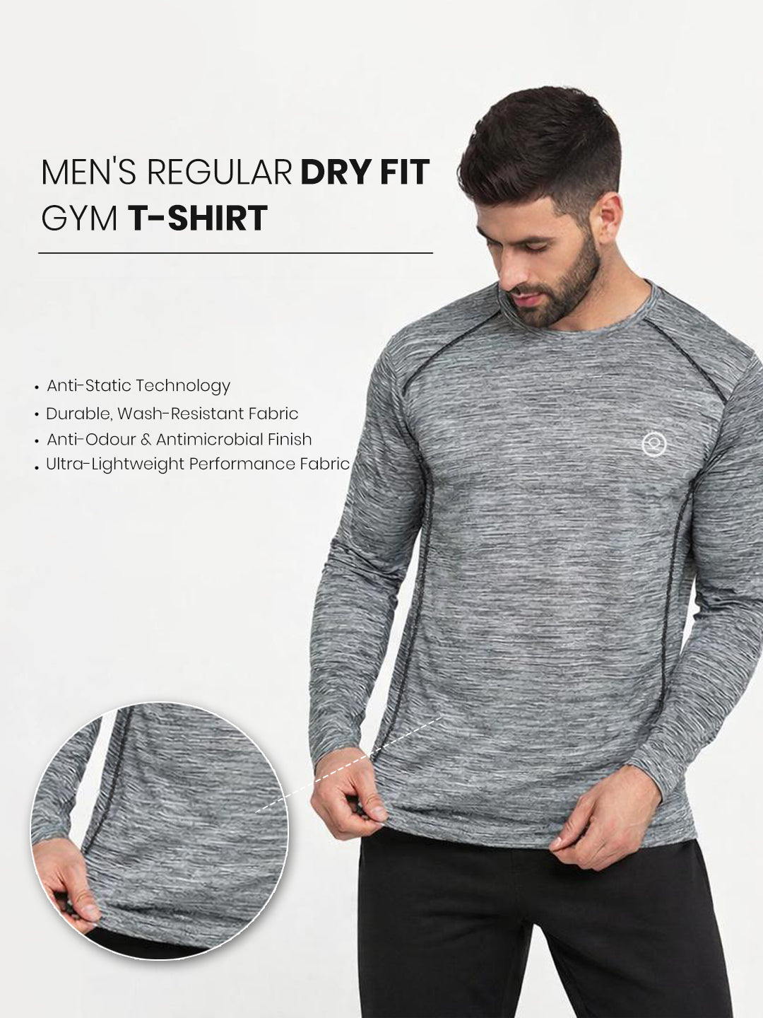 Men's Regular Dry Fit Full Sleeves Gym T-Shirt Grey