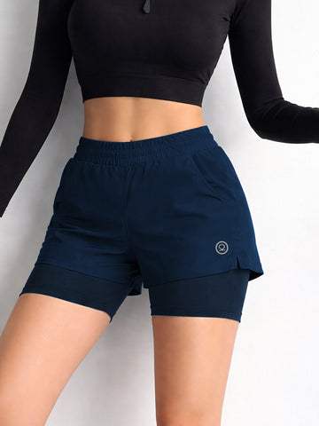 Women's Double Layered Sports Running Shorts Navy