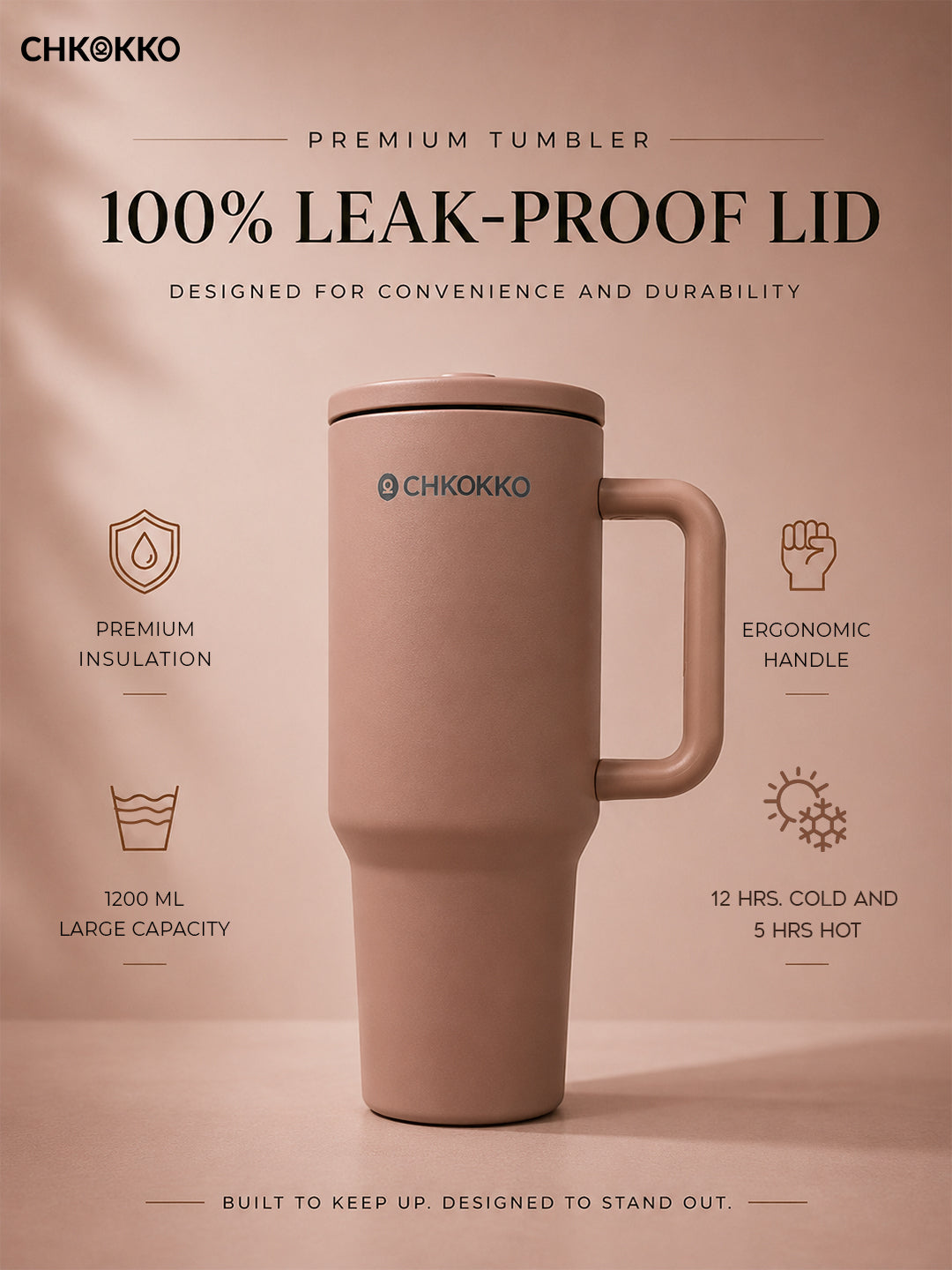 Chkokko Premium Insulated Tumbler - Peach 1200ml with Leak-Proof Lid