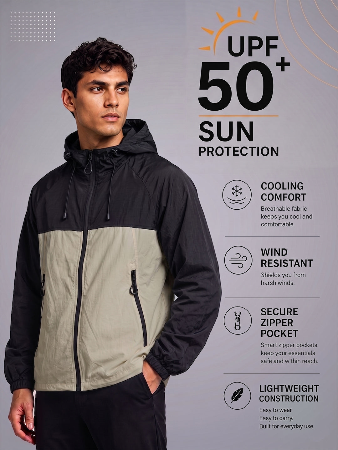 Men's Black Green Hooded Sunscreen Jacket UPF 50+ | UV & Sun Protection