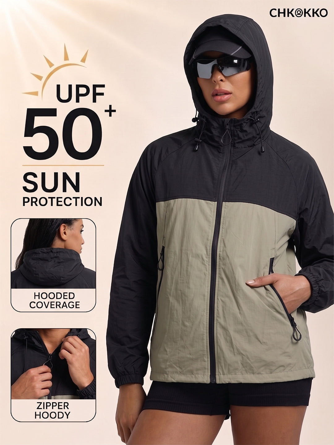 Women's Black Green Hooded Sunscreen Jacket UPF 50+ | UV & Sun Protection