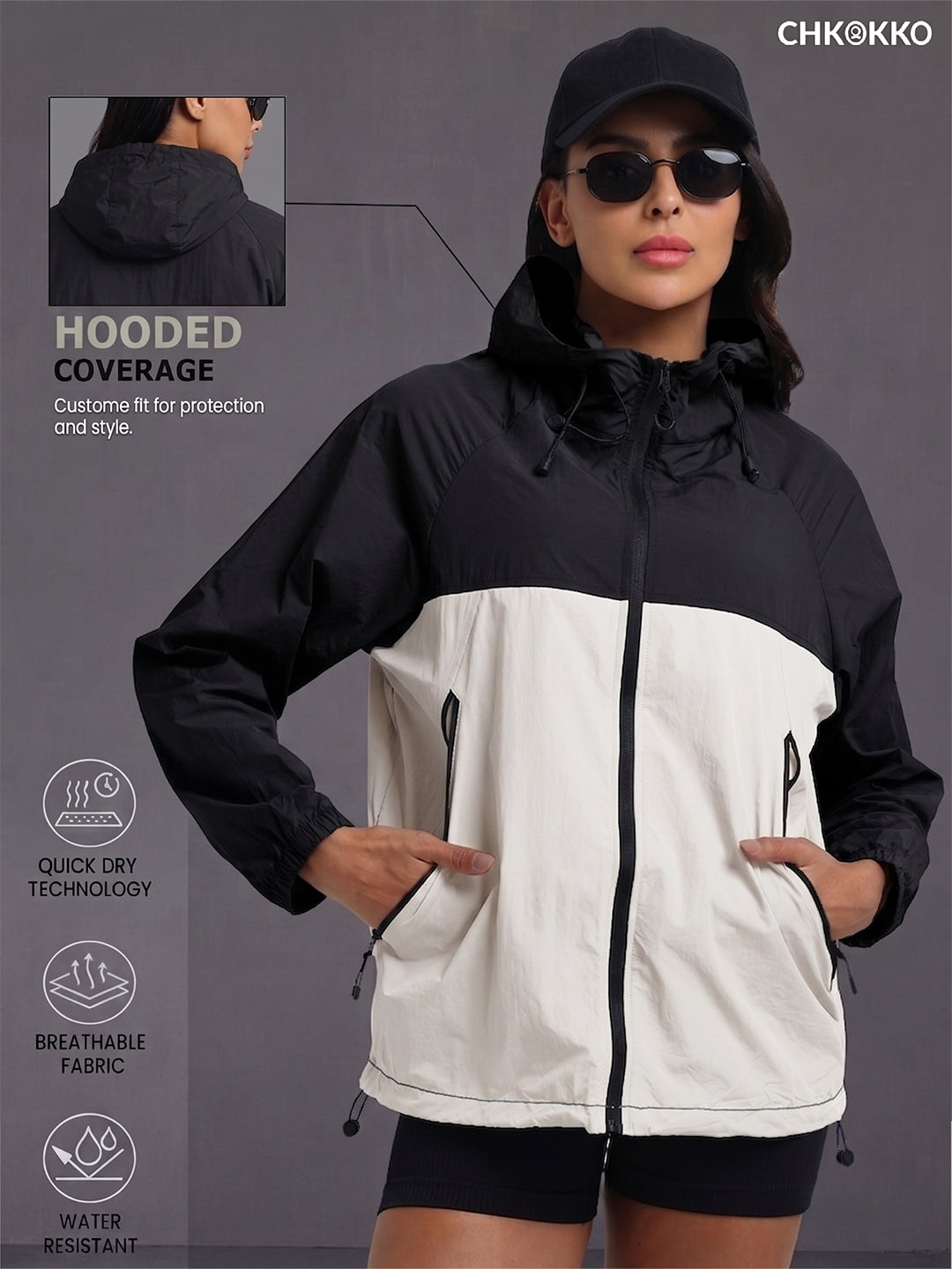 Women's Black White Hooded Sunscreen Jacket UPF 50+ | UV & Sun Protection