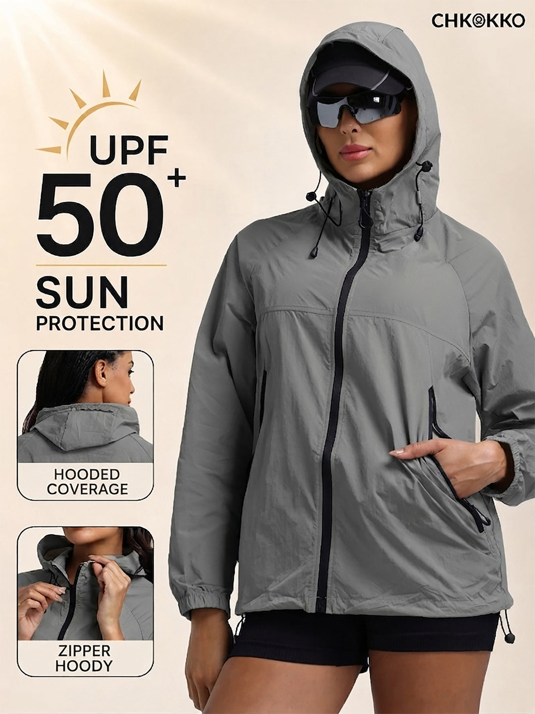 Women's Grey Hooded Sunscreen Jacket UPF 50+ | UV & Sun Protection