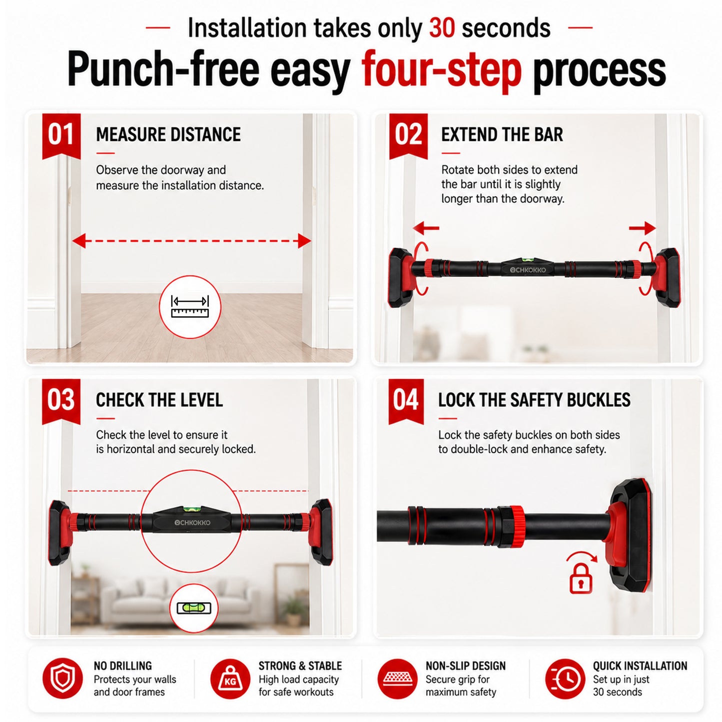 Chkokko Adjustable Pull Up Bar | 120-162 cm | 150+ Kg | No-Screw Doorway Chin Up Bar