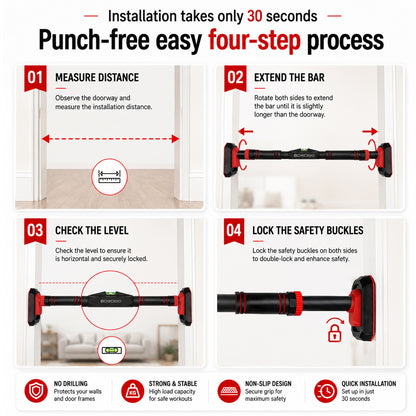 Chkokko Adjustable Pull Up Bar | 67-113 cm | 150+ Kg | No-Screw Doorway Chin Up Bar