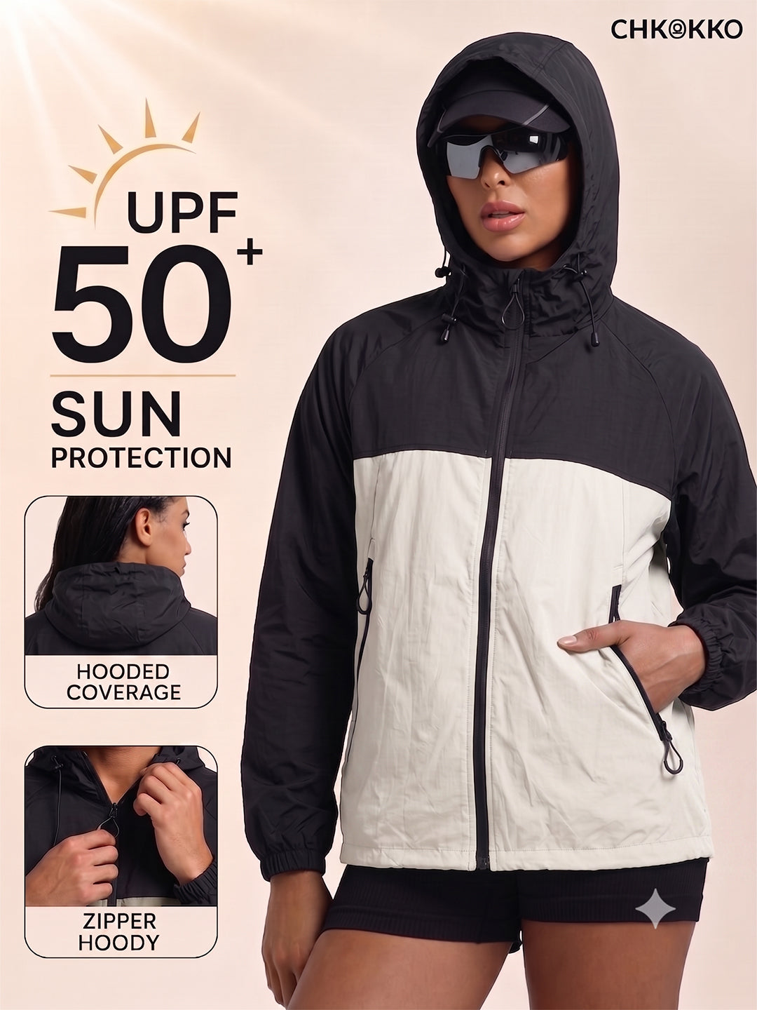 Women's Black White Hooded Sunscreen Jacket UPF 50+ | UV & Sun Protection