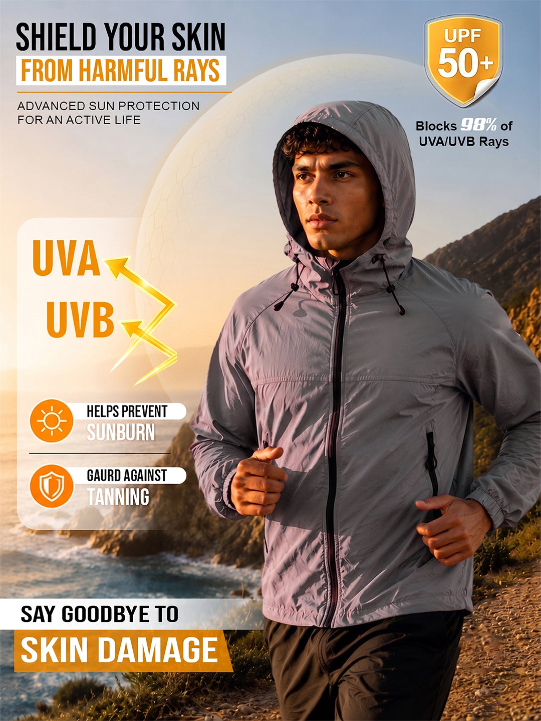 Men's Grey Hooded Sunscreen Jacket UPF 50+ | UV & Sun Protection