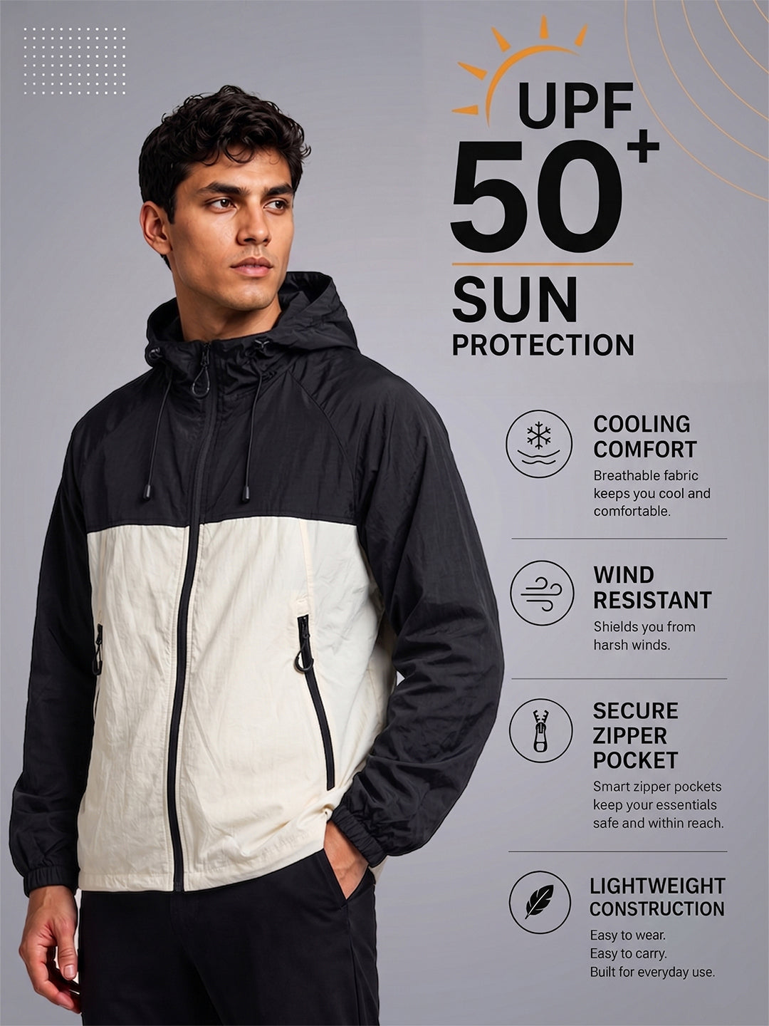 Men's Black White Hooded Sunscreen Jacket UPF 50+ | UV & Sun Protection