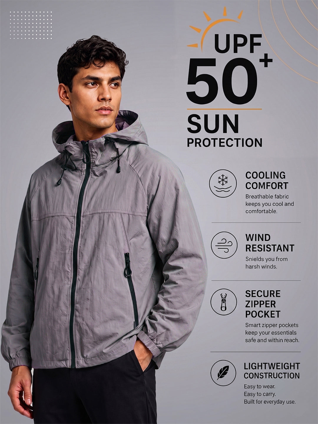 Men's Grey Hooded Sunscreen Jacket UPF 50+ | UV & Sun Protection