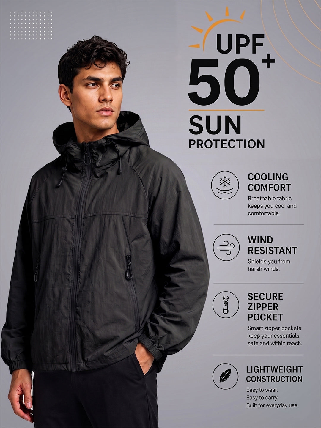 Men's Black Hooded Sunscreen Jacket UPF 50+ | UV & Sun Protection