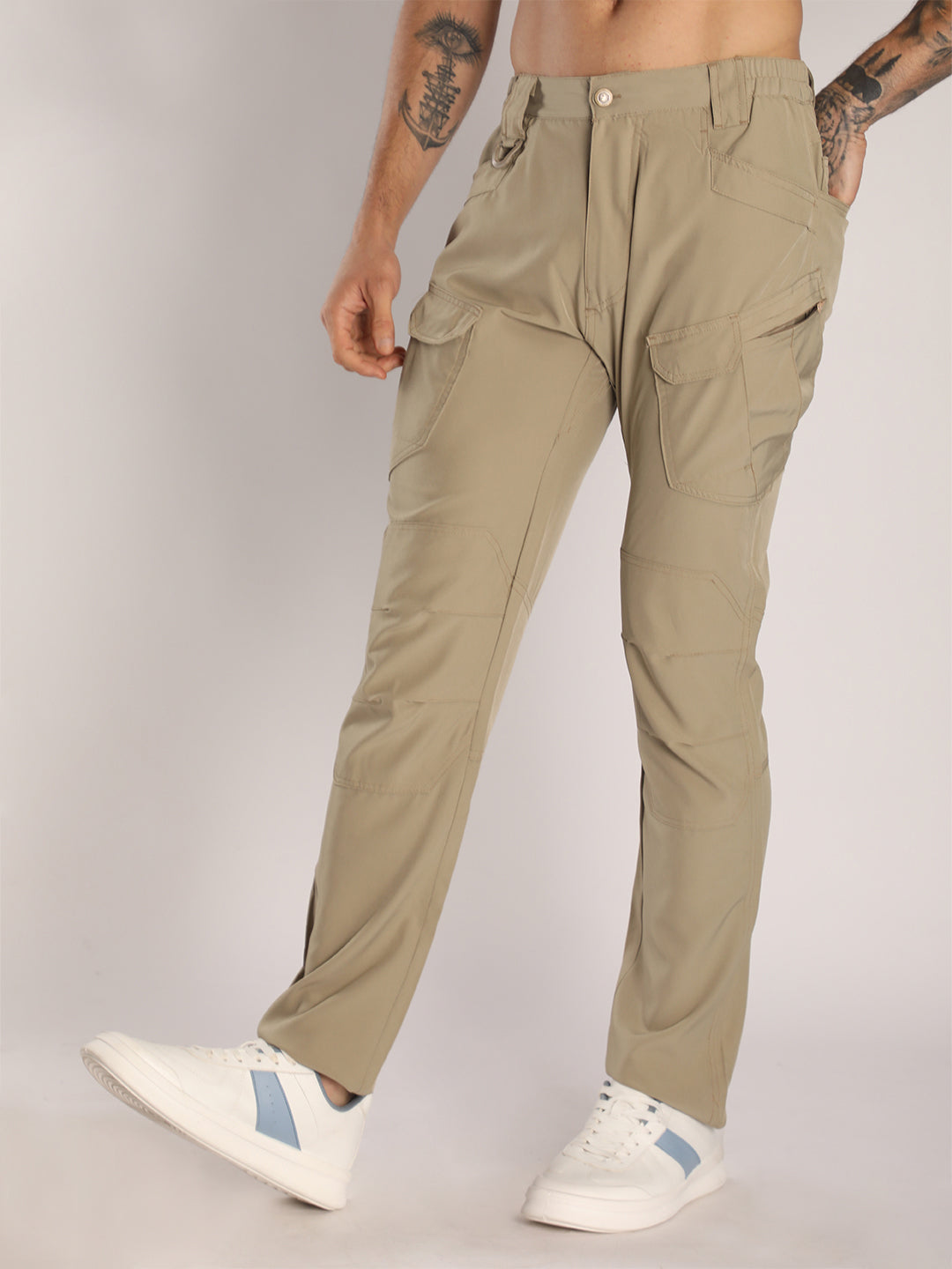 Men's Regular Fit Beige Sports Track Pants with Cargo Pockets