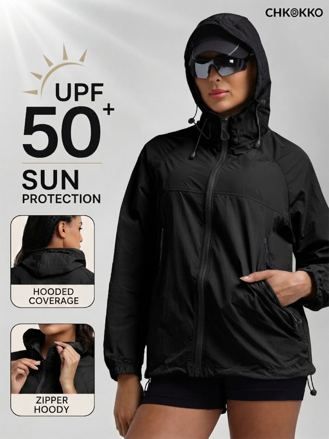 Women's Black Hooded Sunscreen Jacket UPF 50+ | UV & Sun Protection