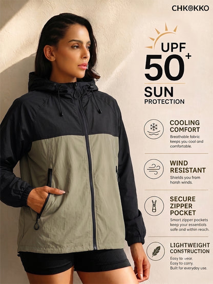 Women's Black Green Hooded Sunscreen Jacket UPF 50+ | UV & Sun Protection