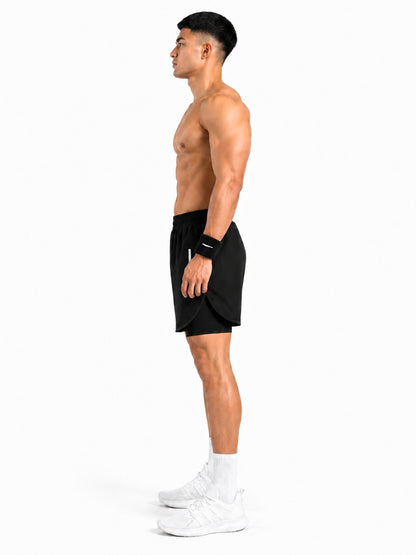 Men Double Layered Sports Running Shorts Black