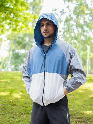 Men Blue White Grey Hooded Windcheater Oversized Sports Jacket