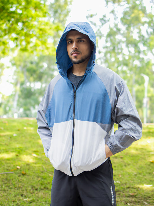 Men Blue White Grey Hooded Windcheater Oversized Sports Jacket