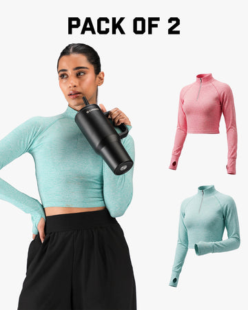 Women’s Full Sleeve Crop Top Activewear T-Shirt for Gym Pack of 2