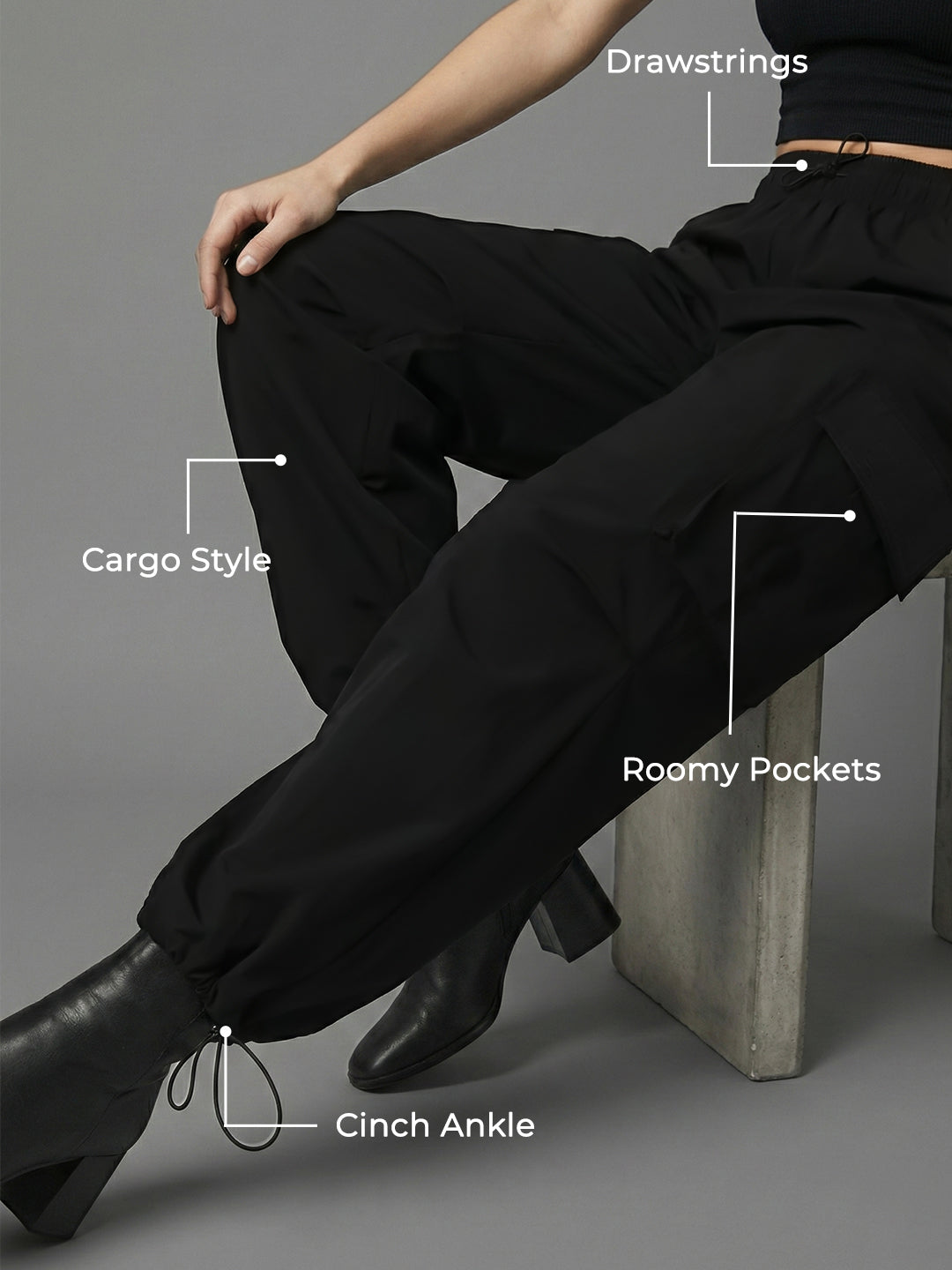 Women's Black Mid Waist Baggy Cargo Parachute Pants