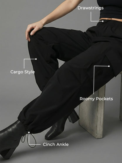 Women's Black Mid Waist Baggy Cargo Parachute Pants