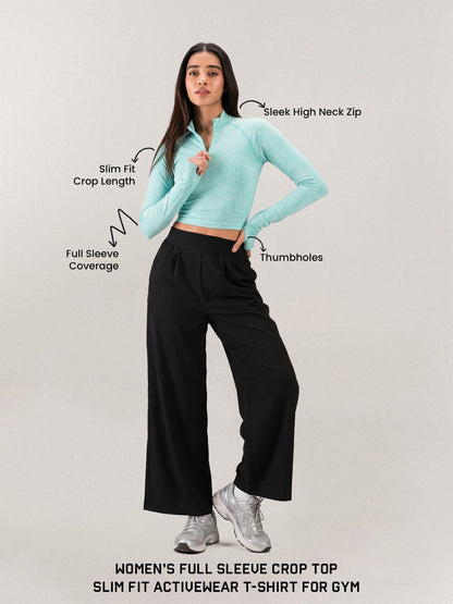 Women’s Full Sleeve Crop Top – Slim Fit Activewear T-Shirt for Gym