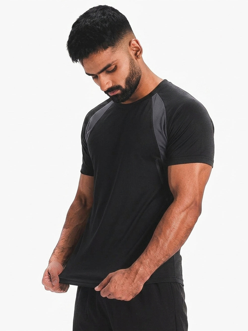 Men's Half Sleeves Dry Fit Gym T-shirt Black Grey