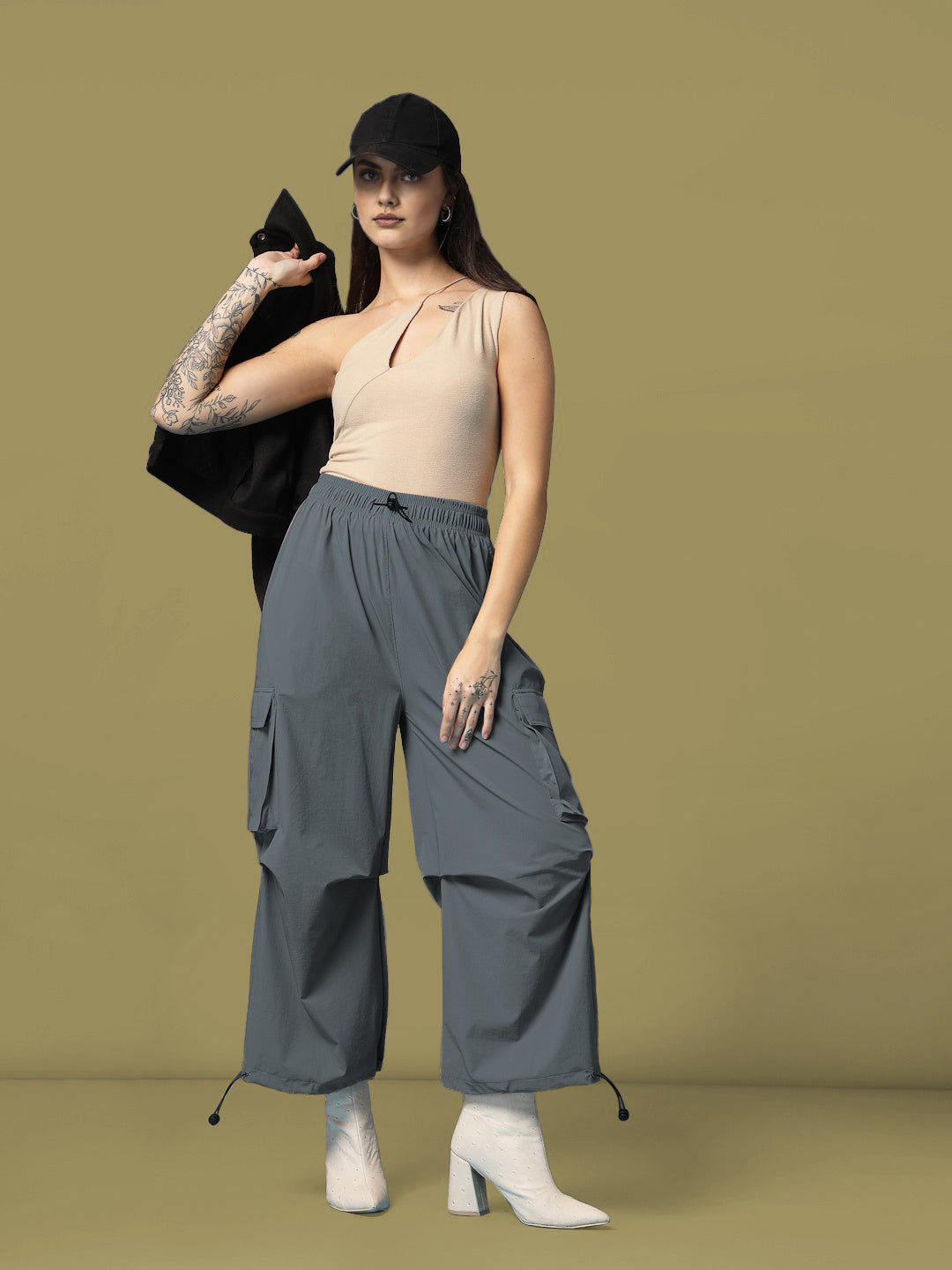 Women's Mid Waist Baggy Cargo Parachute Pants