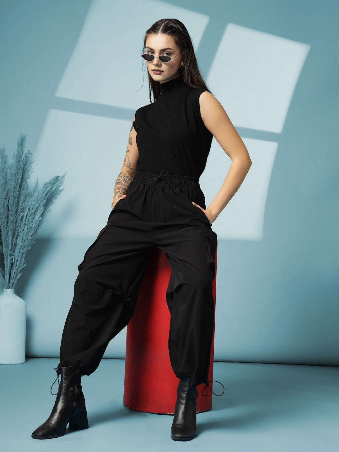 Women's Black Mid Waist Baggy Cargo Parachute Pants