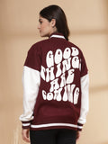 Women Oversized Winter Wear Varsity Jacket with Ribbed Cuffs